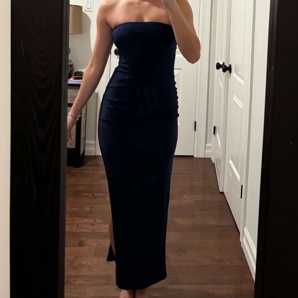 Shimmer Navy Strapless Dress with Leg Slit